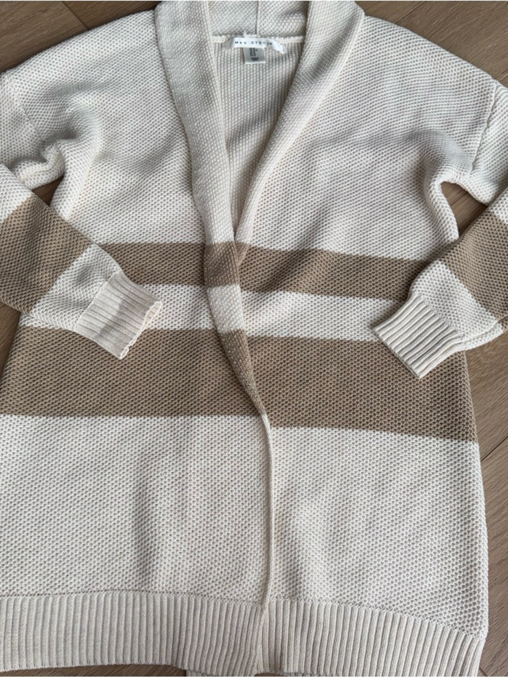 Max Studio Cream and Tan Striped Open-Front Cardigan